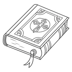 A stylized line art illustration of a closed book with a christian cross emblem on its cover and a bookmark ribbon hanging from the spine representing faith and religious texts