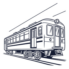 A stylized black and white line art illustration of a vintage passenger train moving along railroad tracks with a sense of motion