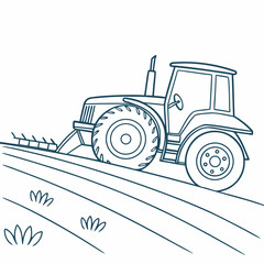 A simple line drawing of a blue tractor with a plow attachment working in a field with rows and small tufts of grass