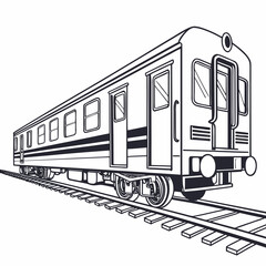 A classic black and white line drawing illustration of a passenger train car with open doors on a railway track isolated on a white background
