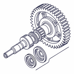 Exploded view isometric line drawing of a mechanical assembly featuring a large gear and shaft with bearings and washers showcasing intricate engineering detail and precision