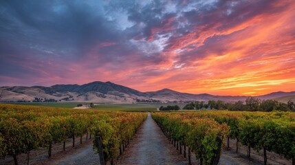 A beautiful sunset over a vineyard with a path leading through the rows of grapes. The sky is filled with clouds and the sun is setting, creating a warm and peaceful atmosphere