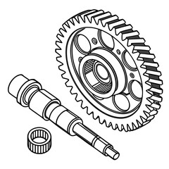 Detailed isometric line drawing of a camshaft with a gear and bearing showcasing precision engineering components for mechanical systems and automotive applications