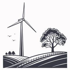 Stylized silhouette of a wind turbine in a rural landscape with rolling hills a large tree a fence and birds flying in the sky representing renewable energy and nature