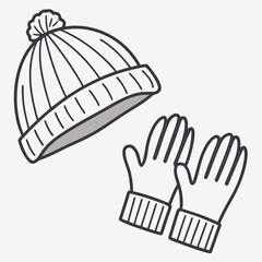 A simple line drawing of a knitted beanie hat with a pom pom and a pair of knitted gloves on a white background