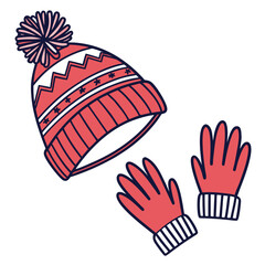 A cheerful red knitted winter hat with a pom pom and decorative stars sits next to a pair of matching red knitted gloves on a white background