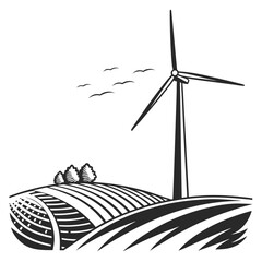 A stylized black and white illustration of a wind turbine standing tall in a rolling landscape with cultivated fields and a flock of birds flying in the sky