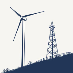 Silhouette of a wind turbine and an oil derrick standing on a grassy hill with a fence in the foreground against a plain background