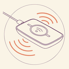 Modern wireless charger emitting radio waves for charging devices depicted in a clean minimalist line art style with a soft color palette