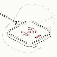 Modern isometric illustration of a wireless charging pad with a connected cable and indicator light symbolizing efficient energy transfer and technology