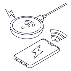 Illustration of a smartphone receiving wireless power from a charging pad connected by a cable symbolizing modern technology and energy transfer