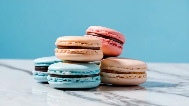 Video A stack of colorful macarons placed on a white marble table