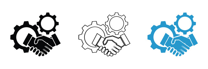 Strategic partnership handshake with gear wheels for business solutions,organization. Workforce, employee. Collaboration for success results. Vector illustration
