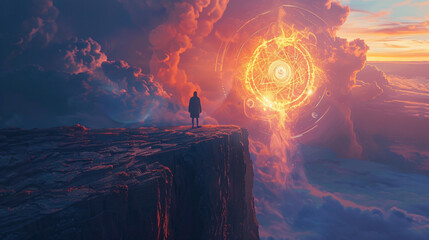 Symbol of Opportunity and Future: Man Standing at Abyss Looking at Mysterious Floating Doorway.