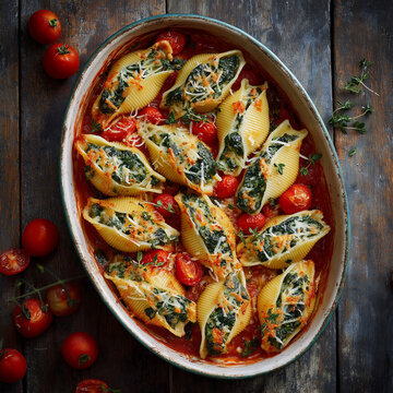 Photograph a top-down, close-up baking dish filled with large stuffed pasta shells. Fill each shell with vegan ricotta and wilted spinach, nestle them in roasted tomato sauce, and garnish with halved 