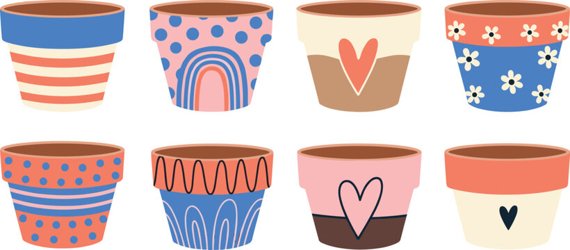 Set of Cute Decorative Flower Pots Vector Illustrations: Trendy Bohemian Style with Hearts, Rainbows, Stripes, and Floral Patterns Perfect for Home and Garden Designs