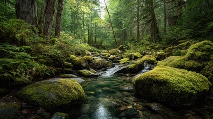 A stream of water flows through a forest with moss growing on the rocks. The water is clear and the moss is green, creating a peaceful and serene atmosphere