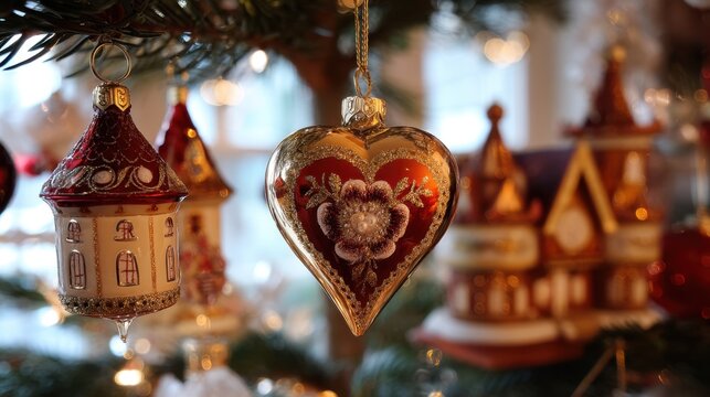 A tree with many ornaments, including a heart ornament. The heart ornament is surrounded by other ornaments, including a house ornament and a bird ornament. Scene is festive and joyful - Powered by Adobe