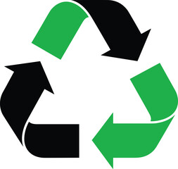 Universal three-arrow recycling symbol vector icon with alternating black and bright green segments, representing environmental sustainability, waste 