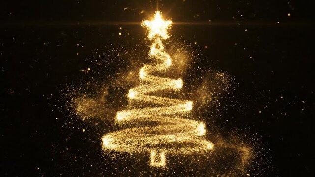 Un &aacute;rbol de Navidad hecho de polvo de estrellas doradas aparece desde la nada: primero peque&ntilde;as chispas doradas se agrupan en remolinos, luego forman lentamente la silueta del &aacute;rbol. 