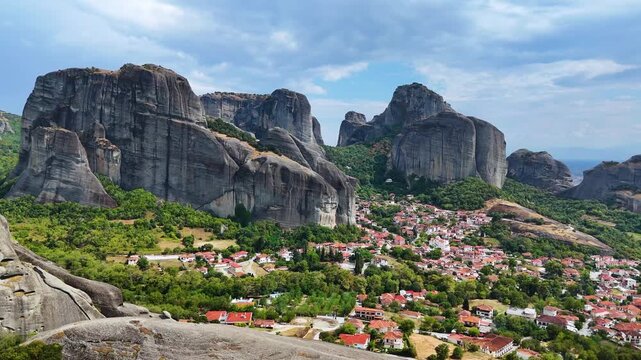 View of Meteora with Eastern Orthodox monasteries, a rock formation in the regional unit of Trikala, in Thessaly, in northwestern Greece, UNESCO World Heritage Site