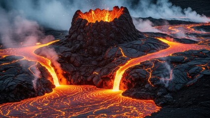 Active volcano erupting molten lava flow dramatic landscape