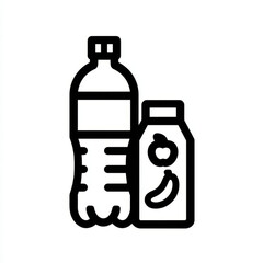 Minimalist line icon of a water bottle and juice box, black and white colors, representing beverages and hydration