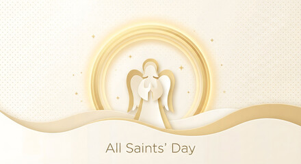 Golden angel silhouette within a circular halo representing all saints day