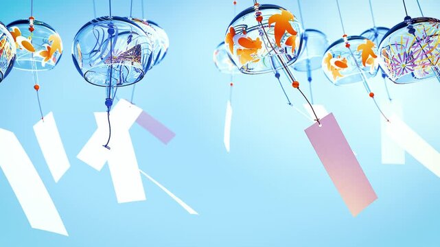 たくさんの風鈴が風に揺れる風景　3Dアニメーション　青空
