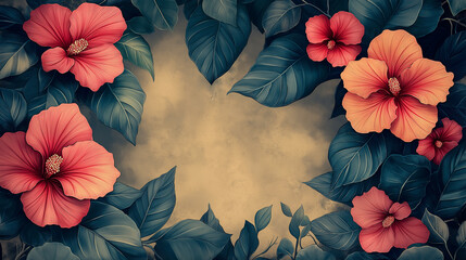Stunning vintage style hibiscus border frames a warm textured copy space perfect for elegant invitations or branding