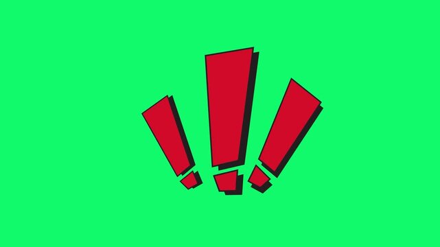 Three red exclamation marks appear and shake, then disappear on chroma key green screen alpha channel background