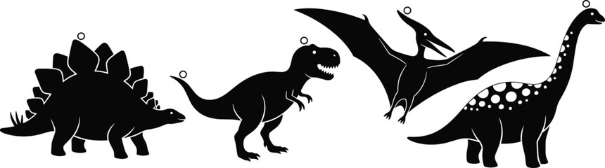 Black silhouette dinosaurs Stegosaurus Tyrannosaurus Rex Pterodactyl and Brontosaurus with white circles © Mokarrm Art