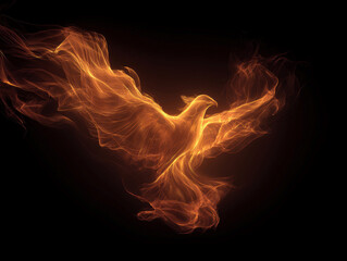 A dynamic, fiery phoenix against a dark backdrop, depicted in an ultra-realistic, minimalistic futuristic style The birds wings are spread wide, suggesting flight, and its body is eng - AI-Generated