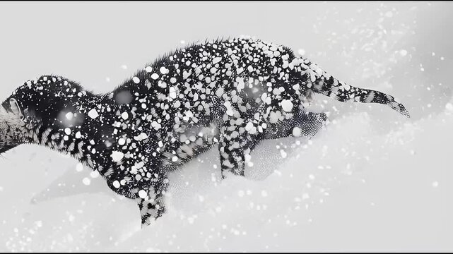 Energetic black and white ferret-like animal bounding through a winter blizzard of pristine white snow, capturing the lively spirit of wildlife in its natural, frosty habitat