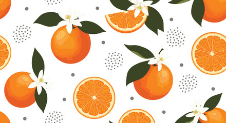 Seamless Vector Pattern of Whole Oranges, Slices, and White Blossoms with Green Leaves, Ideal for Citrus Food Packaging, Summer Prints, and Fabric Design