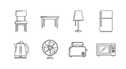 Collection of minimalist household items and home appliances line art icons