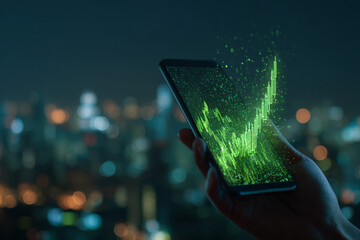 Futuristic Fintech Innovation: Glowing Bullish Candlestick Graph and Robot Avatar Emerging from Phone Screen.