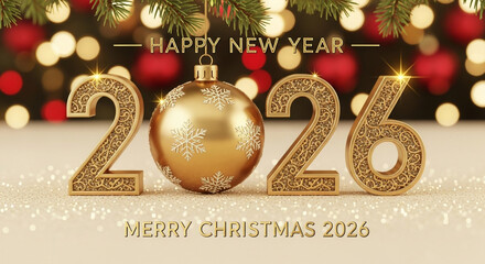 Stunning golden 2026 numerals and ornament sparkle celebrating a luxurious Happy New Year and Merry Christmas season