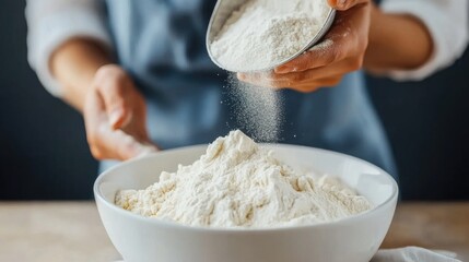 Pouring powdered sugar or flour through a strainer into a porcelain bowl against a dark background, capturing the beauty of culinary art