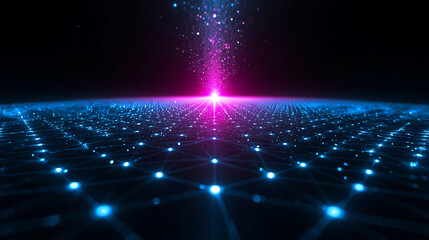 Futuristic Data Network Visualization with Glowing Nodes and Central Energy Beam Illustration