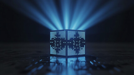 Futuristic glowing cube with radiating light beams a visual representation of innovation and technological advancement