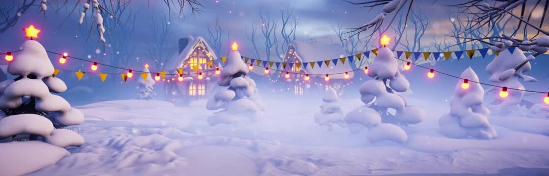 Festive Christmas background. Snow-covered landscape with decorated Christmas trees. Animated video for holiday cards, festive events, and New Year's parties.