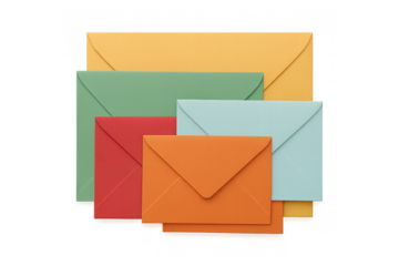 Group of various colorful envelopes representing communication, mail, messages, and correspondence with transparent background