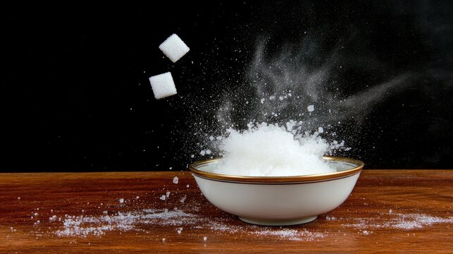 Sugar cubes are gracefully falling down into a bowl filled with sugar - Powered by Adobe