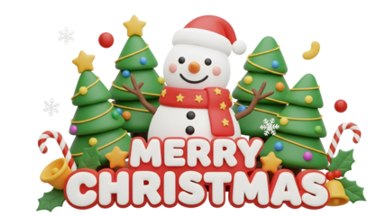 3D Render Merry Christmas Greeting with Cute Snowman, Trees, and Festive Decorations Isolated