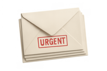 Stack of urgent mail envelopes with red stamp receiving priority communication and important message delivery