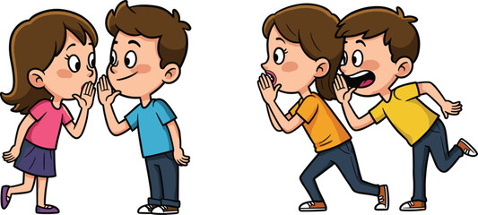 Diverse children explore map, whispering secrets, learning, communication, adventure, and geography concept. © It's Sahed