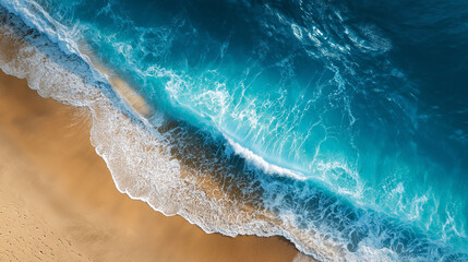 Turquoise Ocean Waves Meeting Golden Beach Sand, Aerial View
