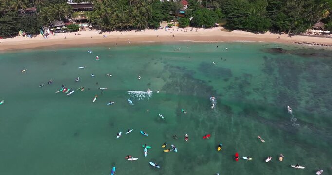 Aerial View of Hiriketiya Bay with surfers, Sri Lanka