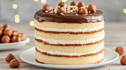 A delicious cake covered in rich chocolate frosting and topped with crunchy nuts